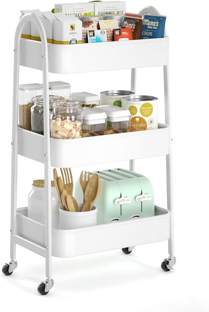 EAGMAK 3 Tier Utility Rolling Cart, Metal Storage Cart with Handle and Lockable Wheels, Multifunctional Storage Organizer Trolley with Mesh Baskets for Kitchen, Living Room, Office, Garage (White) (Normal)