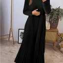 GORGLITTER Women's Pleated Church Maxi Dress Fall Casual Cocktail Holiday Long Sleeve Crew Neck Flowy Loose Long Dress (Black, S)