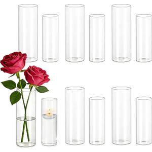 Hewory Glass Cylinder Vases for Centerpieces: 7“+6" Tall 12Pcs Clear Small Bud Vases for Flowers Wedding Party Table Decoration - Skinny Hurricane Candle Holders for Floating Candles