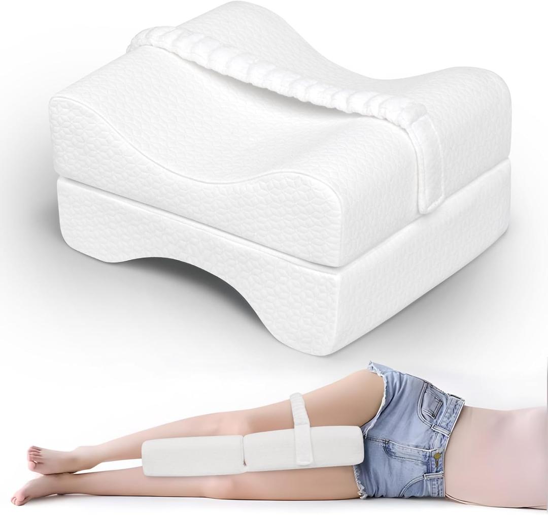 Pozico Knee Pillow for Side Sleepers, Comfortable Leg Pillow with Adjustable Strap (Foldable White)