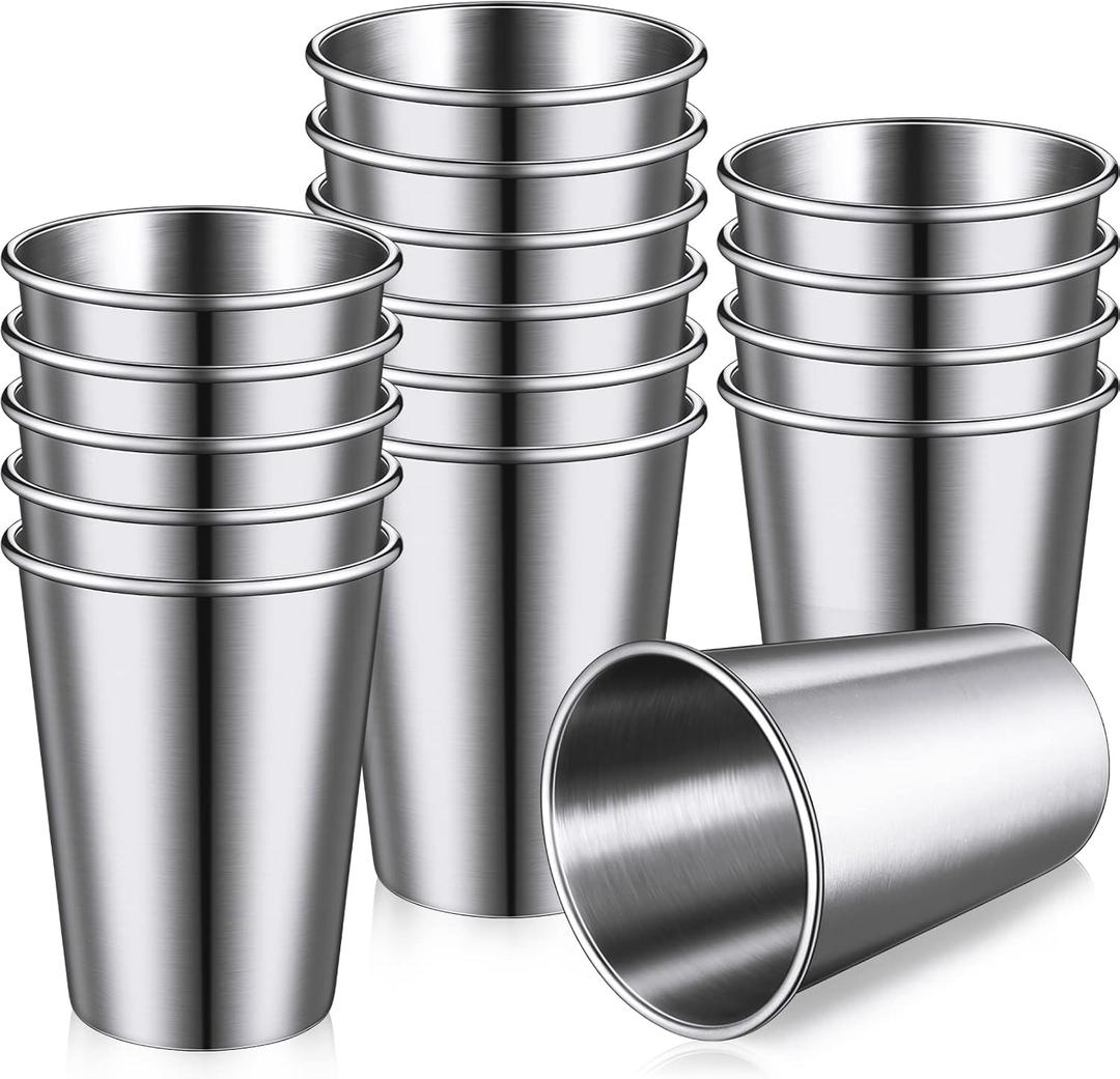 Baderke 16 Pack Stainless Steel Cups for Kids and Adult Pint Cup Tumbler Metal Cups Stackable Cup Shatterproof Metal Drinking Glasses for Travel Outdoor Camping (12 oz/ 350 ml)