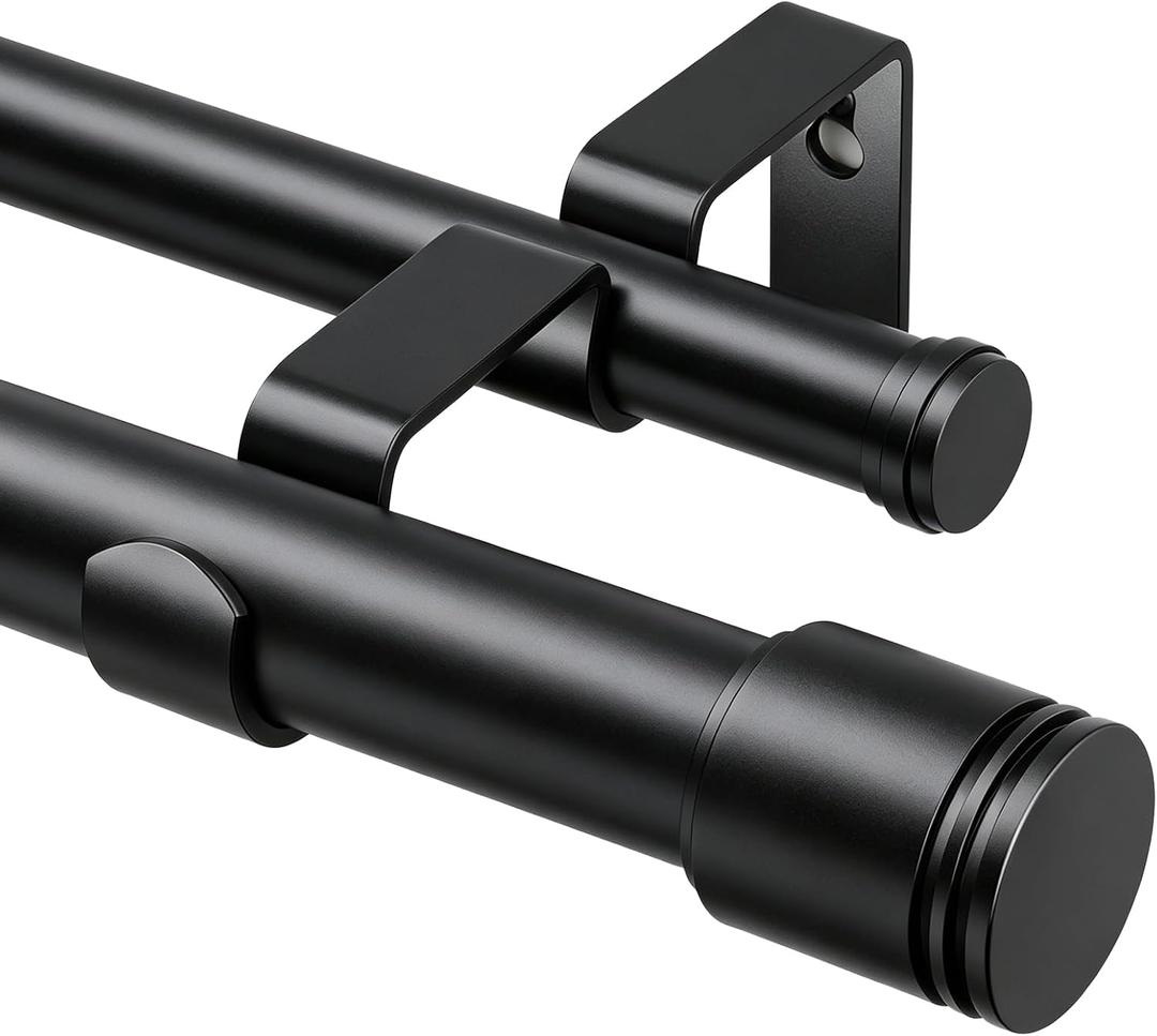 USFOOK 1 Inch Black Double Curtain Rods for Windows 66 to 120 Inches (5.5 to 10 Ft), Dual Drapery Rods with Classic Cap Finial, Adjustable Window Curtain Rod for Living Room