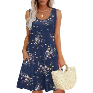 WEESO Womens Summer Dresses Loose U Neck Sleeveless Sundresses Dress with Pockets, Size: L