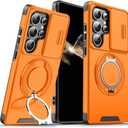 for Samsung Galaxy S25 Ultra Case with Slide Camera Cover and Rotating Kickstand Ring, Slim Magnetic Shockproof Accessories Phone Case for Samsung S25 Ultra (Orange)