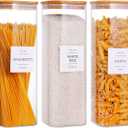 3 Pack Square Kitchen Storage Jars with Airtight Bamboo Lids and 132 Pantry Labels - 80oz Glass Canisters with Wood Lids - Food Storage Containers for Spaghetti, Pasta, Fettuccine