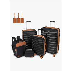 5-Piece Lightweight Luggage with Backpack Sets, ABS+PC Hard Shell Suitcase with TSA Lock & YKK Zipper (Black Brown, 20in/24in/28in/BP/TB)