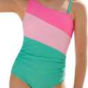 Girls One Piece Swimsuit Color Block Adjustable Strap Quick Dry Bathing Suit Beach Swimwear Padded, 12Y