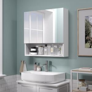 24x24 Bathroom Cabinet with Mirror, Wall Cabinet with 2 Mirrored Doors, Adjustable Shelf, Open Compartment, Wall-Mounted, White (Assembly Required)