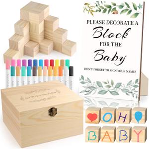 72PCS Baby Shower Games Kit with Blank Wooden Blocks, Acrylic Paint Marker, Wooden Box and Sign, Blocks Suitable for Baby Shower, Gender Reveals Party, Birthday(Green)