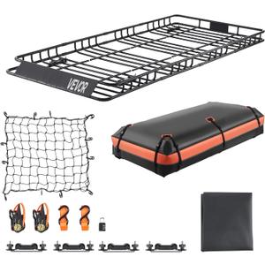 VEVOR Roof Rack Basket, 84 x 39 x 4.1 in, Universal Rooftop Cargo Carrier with 7.9 x 3.9 x 10.2 in Cargo Bag, Net, Ratchet Straps, 250 lbs Max Load Capacity Car Top Luggage Holder, for SUV Truck Car