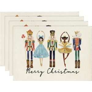 Watercolor Nutcrackers Xmas Balls Merry Christmas Placemats Set of 4, 12x18 Inch Seasonal Winter Holiday Table Mats for Party Kitchen Dining Decoration