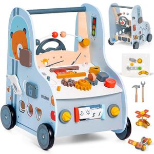 Giant bean 11-in-1 Wooden Baby Walker with Activity Center, Car Theme Montessori Walking Toy with Steering Wheel Tool Bench, Push Walker Speed Adjustable, Learning to Walk Gift for Toddler 1-6