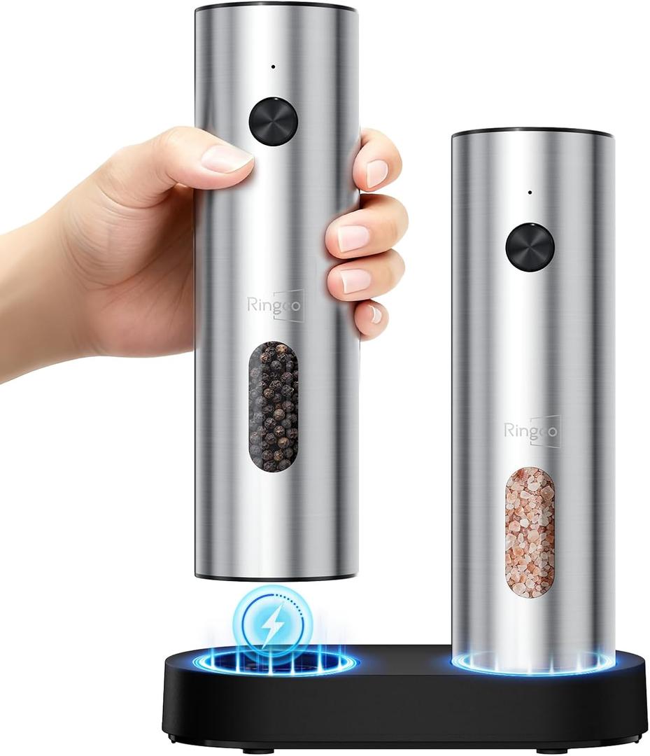 Ringco Electric Salt and Pepper Grinder Set with Charging Base, Rechargeable Salt and Pepper Mill with Adjustable Coarseness, LED Light, 110ml Large Capacity for Kitchen, Outdoors, Gifts for Women (Stainless Steel)