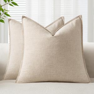 EMEMA Decorative Linen Throw Pillow Covers 22x22 Inch Natural Beige Boho Farmhouse Neutral Couch Throw Pillows for Bed Pack of 2 Accent Pillowcase Modern Sofa Cushion Livingroom Home
