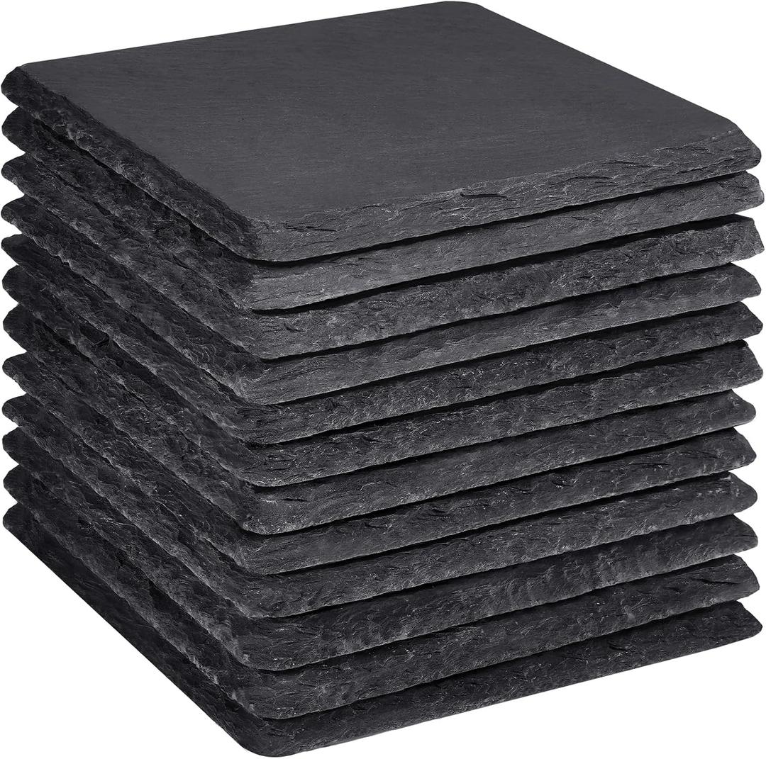 Slate Coasters Set 12, MAPRIAL 4 Inch Square Rustic Black Stone Coasters for Drinks with Anti-Scratch Backing for Halloween, Bar, Kitchen, Housewarming Gifts, Home Decor
