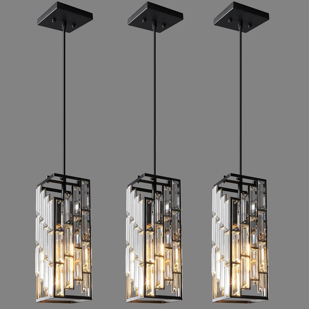 Black Crystal Pendant Lights Kitchen Island, 3 Pack Adjustable Light
K9 Crystal & Matte Black Metal, Removable Crystal Shade, E26 Base, 60W Max, Dimmable, for Flat or Sloped Ceiling
