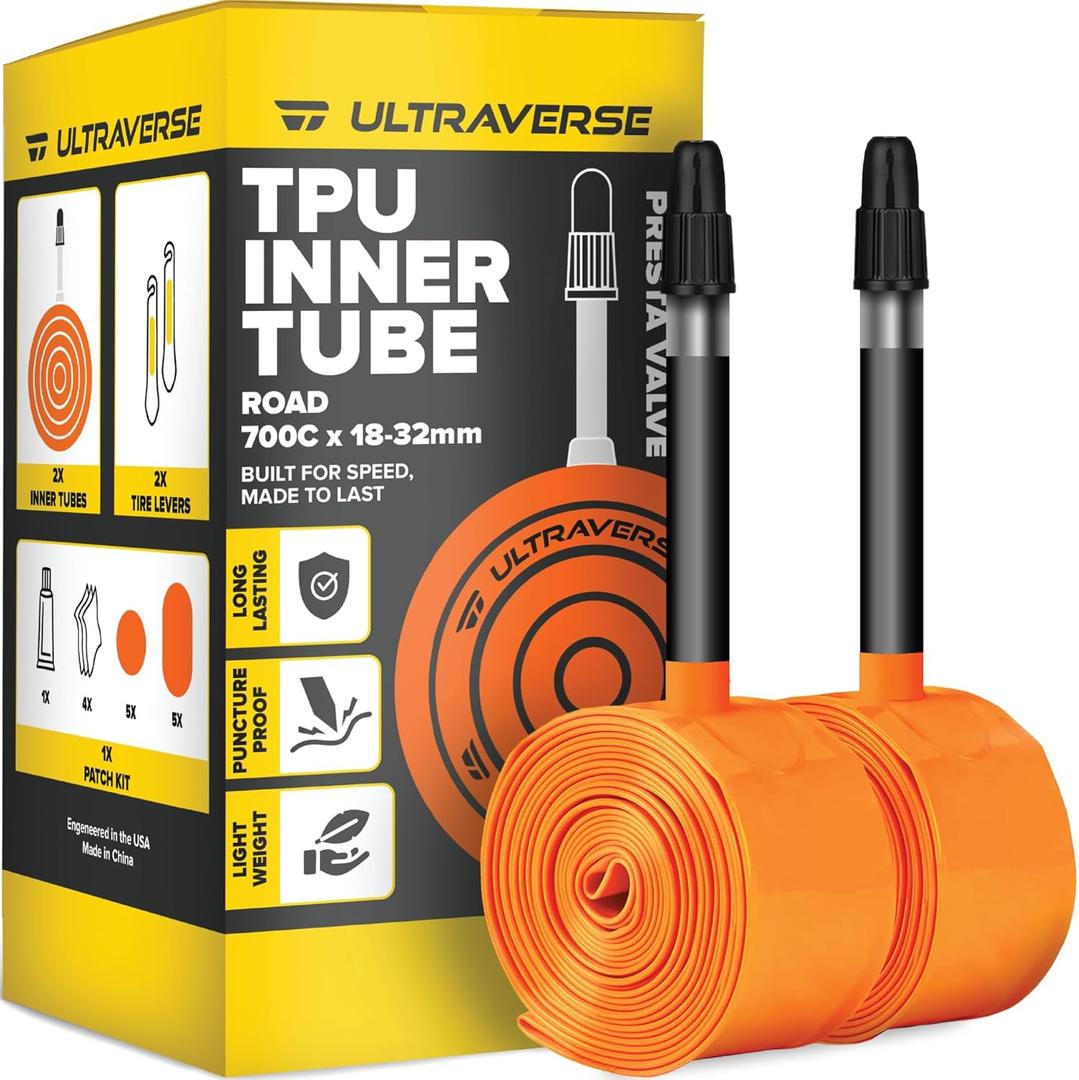 Ultraverse TPU Road Bike Inner Tube 700 x 18-32 with 45mm, 65mm, 85mm Presta Valves Ultra Lightweight Tubes for Road and Gravel Bicycles - 2 Pack with Repair Patch Kit
