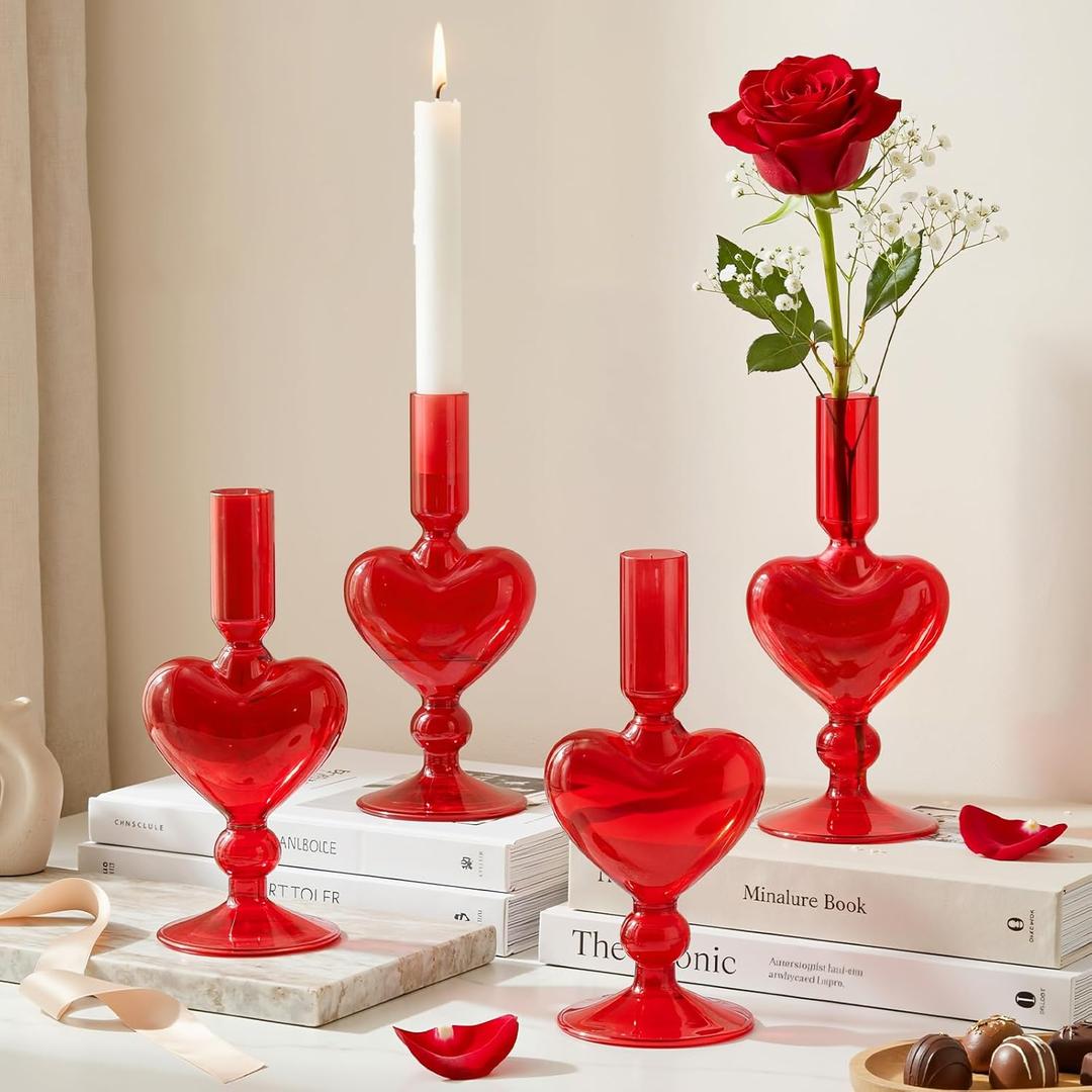 4pcs Valentine's Day Candle Holder 7" Heart Glass Taper Candlestick Holder Valentines Heart Candle Stick Vase Decor for Wedding Party Table Centerpiece(Red)