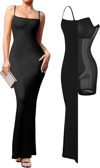 Popilush Maxi Dress Bodycon Dresses for Women Cocktail Spaghetti Strap Shapewear Dress Party Date Night Summer Long (Small, Black)
