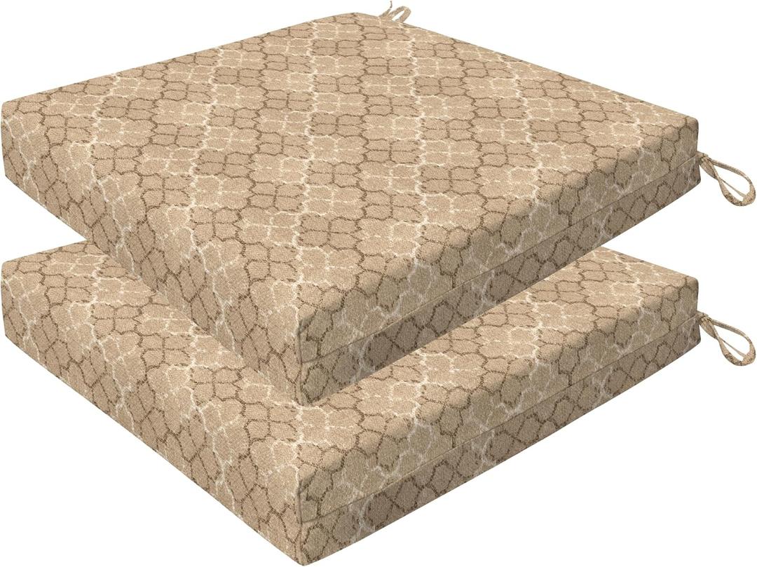 Honeycomb Outdoor Set of 2 Seat Pads, 20 x 20, Courtyard Geo Almond Dining Chair Cushions for Patio Furniture