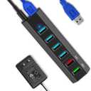 USB Hub, Aiibe 6 Ports Super High Speed USB 3.0 Hub Splitter + 24W Power Adapter + USB 3.0 Cable, Black Smart Fast Charger Powered USB Hub for Laptop, Mac, PC, Mobile HDD, Mulitple Devices