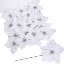 Winlyn 24 Pcs Christmas Glittered Poinsettia Floral Picks White Silk Velvet Artificial Poinsettia Flowers Christmas Tree Ornaments 6.3" W for White Christmas Tree Holiday Party Seasonal Wreath Dcor
