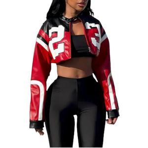 VOIKERDR Leather Jacket Cropped Jacket Motorcycle Jacket Y2K Letter Bomber Jacket Women Faux Leather Jacket Streetwear (Red, M)