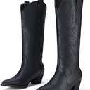 Rollda Cowboy Boots for Women Cowgirl Boots Embroidered Knee-High Western Boots Pointy Toe with Chunky Heel, Size:7.5