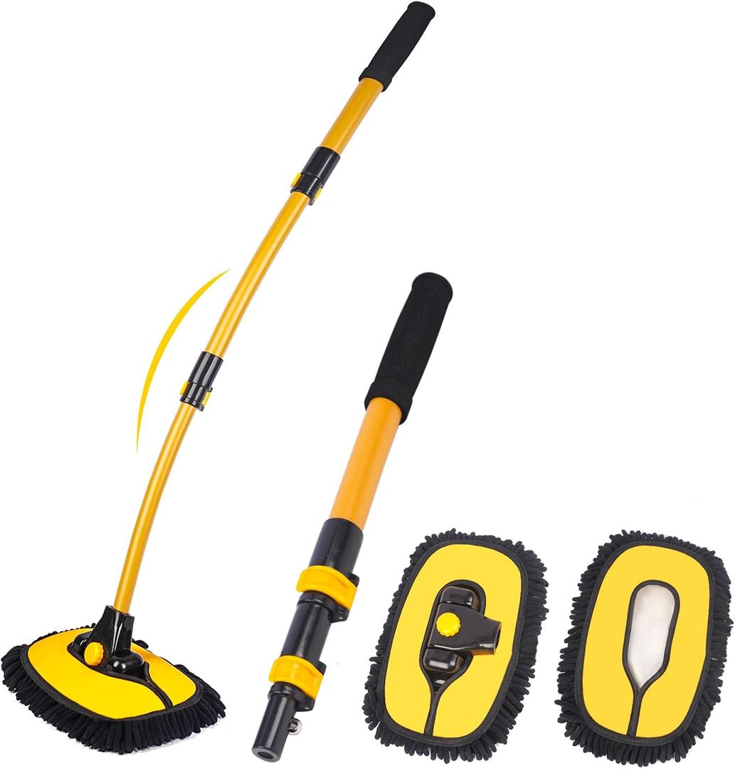 MIKKUPPA 40" Car Wash Brush with Long Handle - 15Curved Car Cleaning Brush with Aluminum Telescopic Handle, Removable Scratch-Free Chenille Microfiber Brush Head Wash Mop for Cars RV Truck Boat