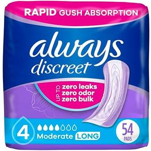 Always Discreet Adult Incontinence Pads for Women, Moderate Absorbency, Long Length, Postpartum Pads, 54 Count
