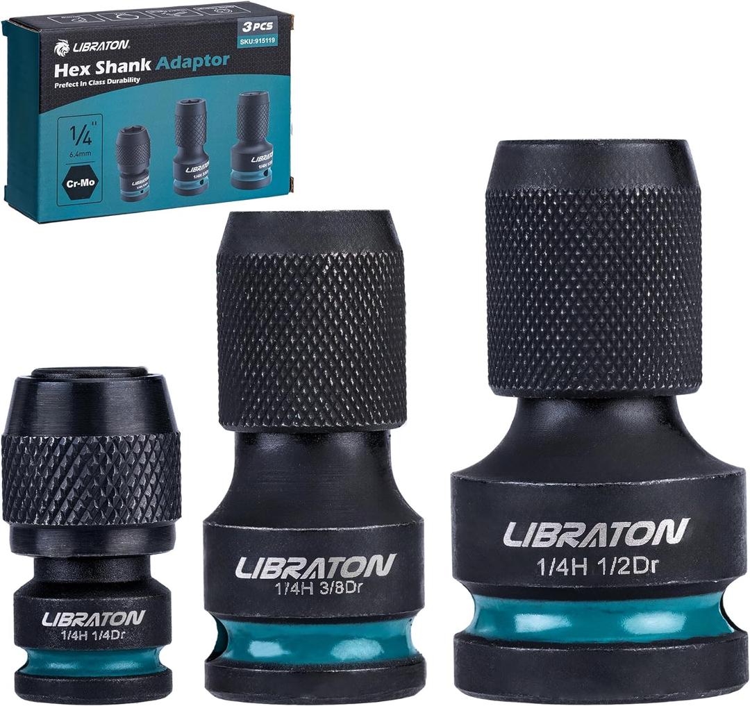 LIBRATON Impact to 1/4 Hex Converter, 1/2 3/8 1/4-INCH Drive Female to 1/4-Inch Hex Adapter, Impact Wrench Adapters for Ratchet Wrench Drivers, Impact Bit Holders, Quick-Change Chuck, Cr-Mo Steel