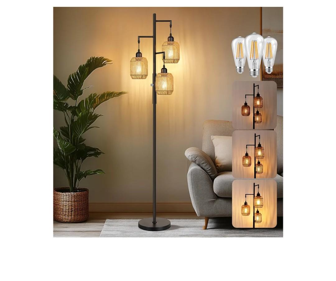 ROTTOGOON Dimmable Boho Floor Lamp - 3 Light Farmhouse Rattan Floor Lamp for Living Room, Industrial Tree Floor Lamps with 3 X 6W LED Bulbs, Rustic Standing Tall Lamp for Bedroom, Office, 68", Black