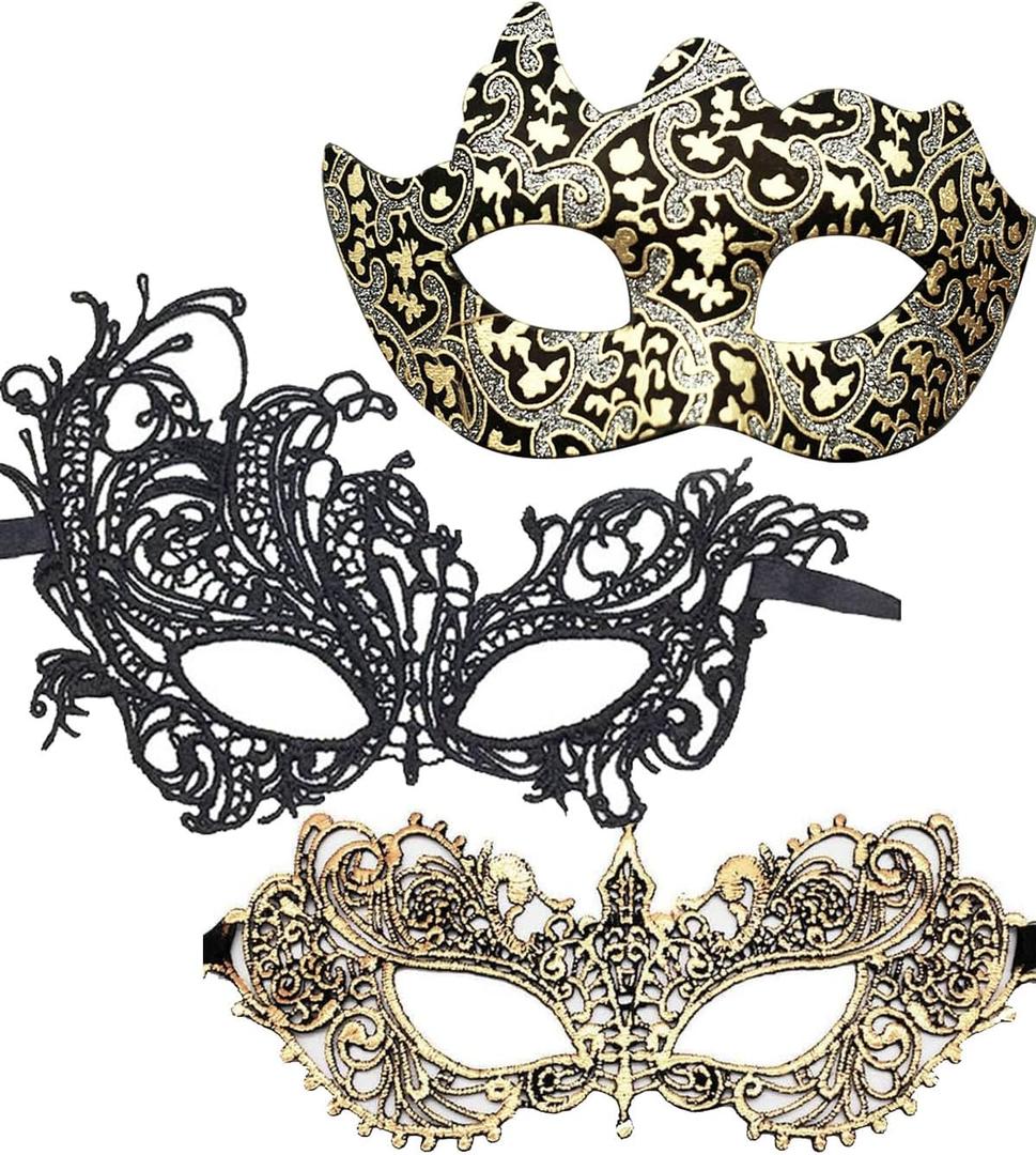Couple Masquerade Lace Mask Set, Fit for Women and Men Venetian Halloween Masks, Specially for Costume, Mardi Gras (Gold Black-3set)