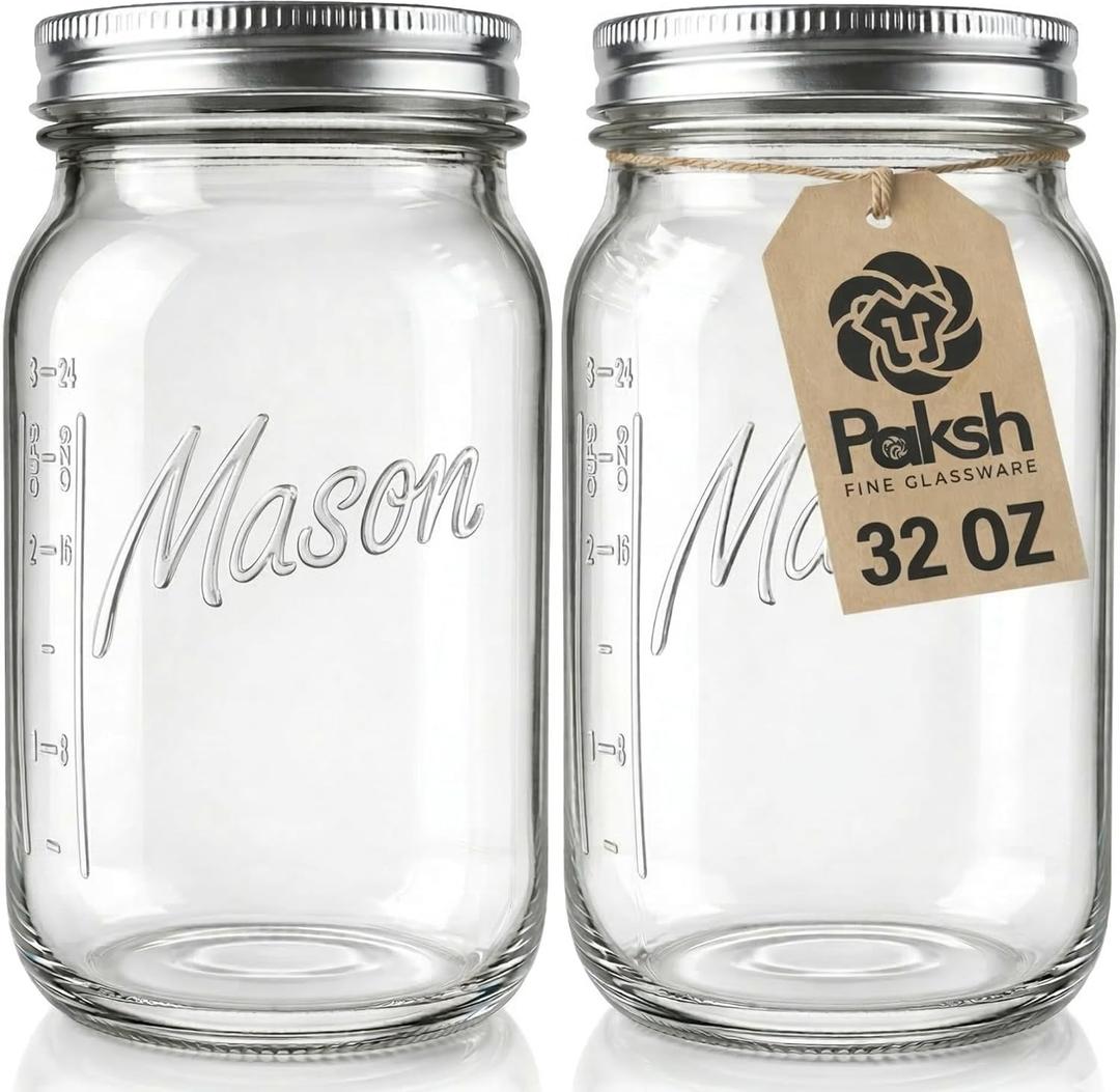 Paksh Novelty Wide Mouth Mason Jars With Lids 32 oz Glass Quart Mason Canning Jars, Large Mason Jar Wide Mouth for Canning, Pickling, Jelly Preserving & Meal Prep, 2-Pack