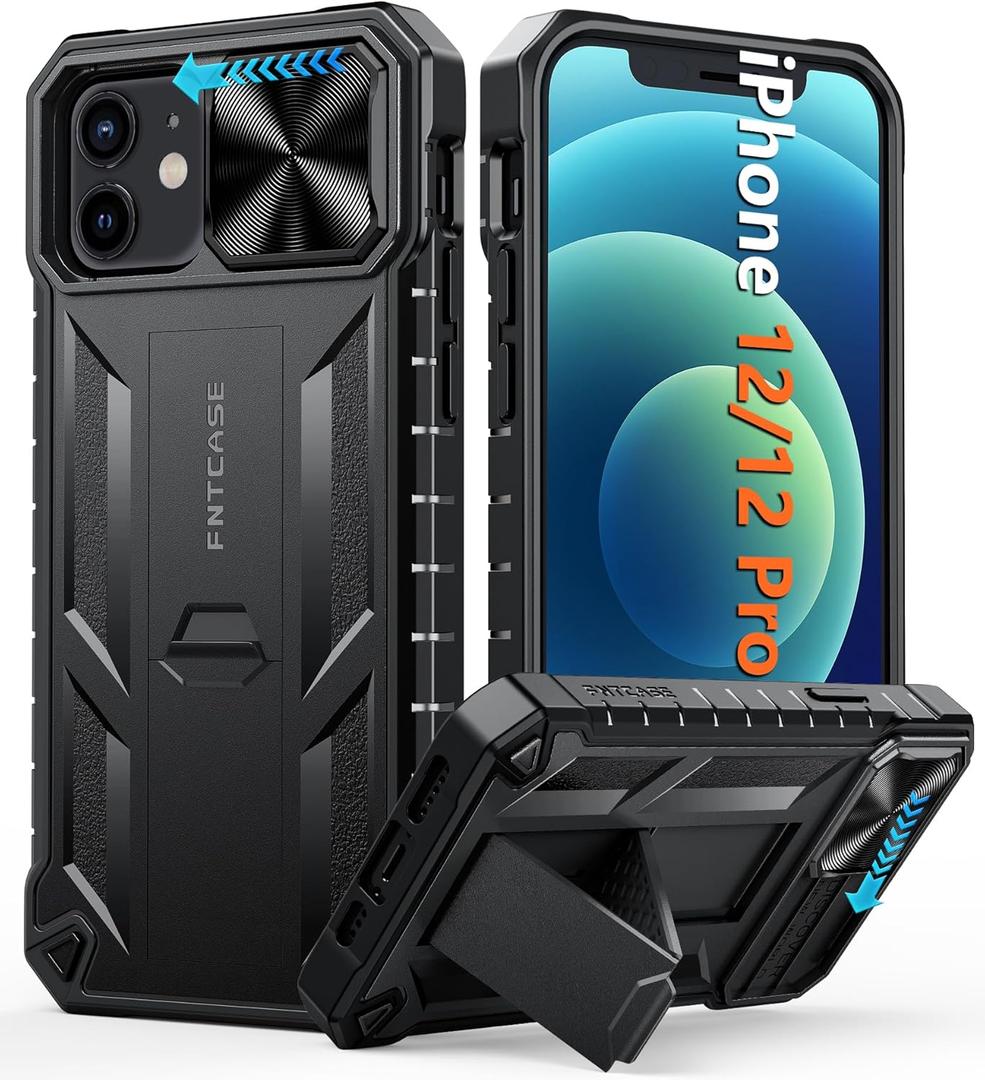 FNTCASE for iPhone 12 Phone Case: iPhone 12 Pro Military Grade Shockproof Protection Mobile Case with Kickstand & Matte Textured Rugged TPU Shell | Drop Proof Protective Cover Black