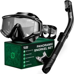 Pano 3 180 Panoramic Dive Mask, Three-Window Tempered Glass Scuba Mask with Dry Top Snorkel, Dual-Layer Silicone Skirt Anti-Leak Diving Gear for Men Women Teens Adults, 4 Color Options
