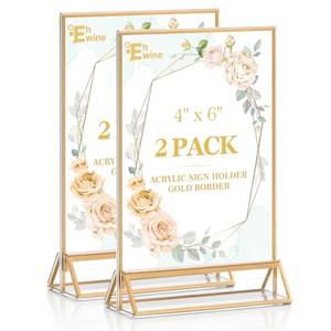 EHWINE 2 Pack Acrylic Sign Holder 4 x 6, Double Sided Gold Picture Frame Stand up Table Top Sign Holders, Clear Display Stand Menu Flyer Holder for Wedding Party