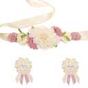 Maternity Sash Set for The Mommy and Daddy-to-be, with Corsage Pin Flowers as Baby Shower Souvenirs.Perfect for Gender Reveal Decorations and Pregnancy Photography Props (Creamy White)