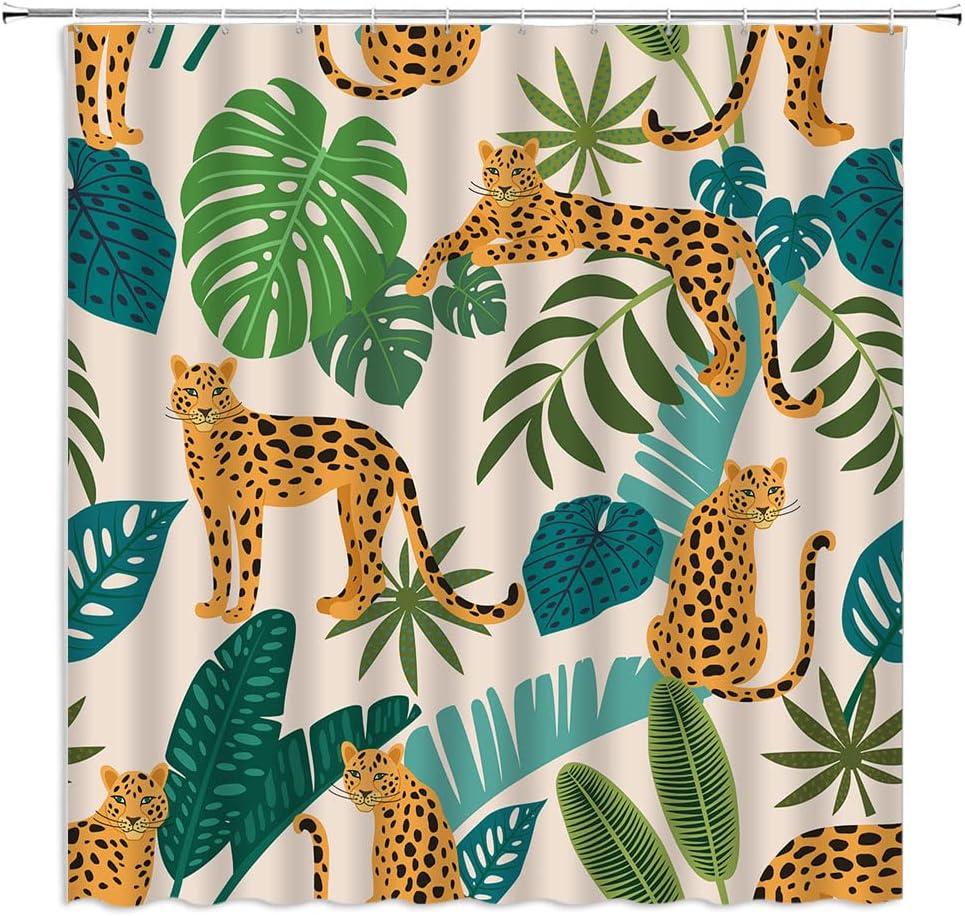 Mid Century Leopard Shower Curtain Boho Cheetah Palm Leaves Tropical Jungle Animal Wildlife Tiger Aesthetic Minimalist Modern ArtFabric Bathroom Decor Curtains with Hooks,Beige Yellow Green (70"W x 70"L (Pack of 1)