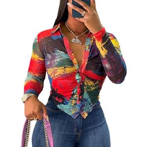 LovelyWholesale Women Sexy Button Down Shirts Long Sleeve Collared Tie Dye Tops, L