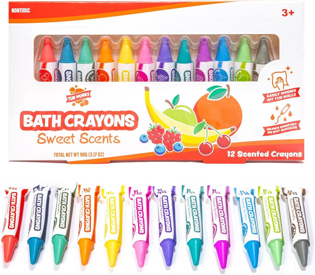 Tub Works Sweet Scents Smooth Bath Crayons Bath Toy, 12 Pack | Nontoxic, Washable Bath Crayons for Toddlers & Kids | Unique Formula Draws Smoothly & Vividly on Wet & Dry Tub Walls | Scented Crayons