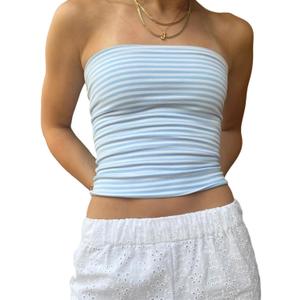 Women Y2k Tube Top Strapless Going Out Tops Cute Aesthetic Summer Clothes (Small, C1 Striped Blue)