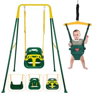 4 in 1 Toddler Swing Set & Baby Jumper, Foldable Swing Set for Backyard | Heavy Duty Kids Swing with Bouncer, Foldable Metal Stand for Indoor & Outdoor, Easy Install & Store
