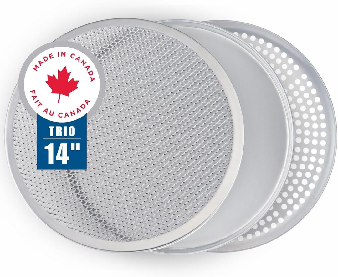14 Inch Pizza Pan Set of 3 – Screen, Perforated, and Solid Aluminum Pans for Oven, Durable, Rust-Free, Long-Lasting