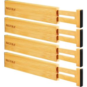 Secura Bamboo Drawer Dividers Organizer 4-Pack, Adjustable Drawer Separators Expandable from 12.0-17.1 inches for Kitchen, Office, Bathroom, Closet, Dresser