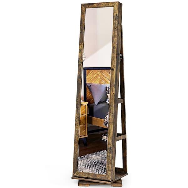 Giantex 360° Rotating Jewelry Armoire w/Higher Full Length Mirror, Standing Lockable Cabinet Organizer w/ Large Storage Capacity, Inside Makeup Mirror(Coffee)