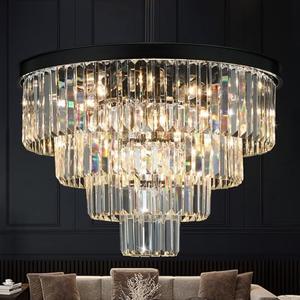 Crystal Chandeliers for Dining Room Lights Fixture Over Table, 15 Lights Black Modern Chandeliers for Living Room, 4-Tier Round Crystal Lighting Fixtures for Bedroom Entryway Kitchen Island D24 Inch