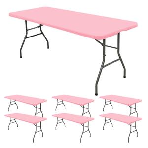6 Pack Fitted Tablecloth for 8 Foot Rectangle Tables, Pink Elastic Outdoor Picnic Table Cover, Washable Stretch Folding Table Cloths 8 ft for Camping Party Patio Kitchen Banquet, 30" W x 96" L