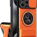 Dssairo for iPhone 15 Pro Max case with 360Rotation Magnetic Ring Compatible with MagSafe Slide Camera Cover Foldable Stand Military-Grade Shockproof Protective case (Orange, iPhone 15 Pro Max)