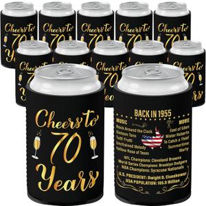 70th Birthday Decorations for Women and Men, Vintage 1955 Birthday Decor, Seventy Year Old Bday Party Supplies, 12 Pcs Neoprene Can Cooler Sleeves for Soda, Beer, Beverage